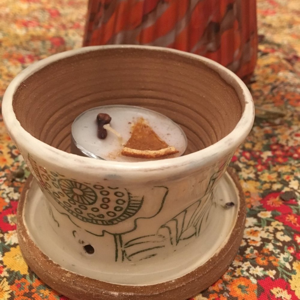 Handmade white stoneware pottery votive holder/bowl/planter green floral print